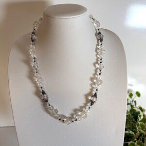 Vintage 1940s Clear Lucite Bead Necklace Silver Tone Spacers Art Deco 25 inch